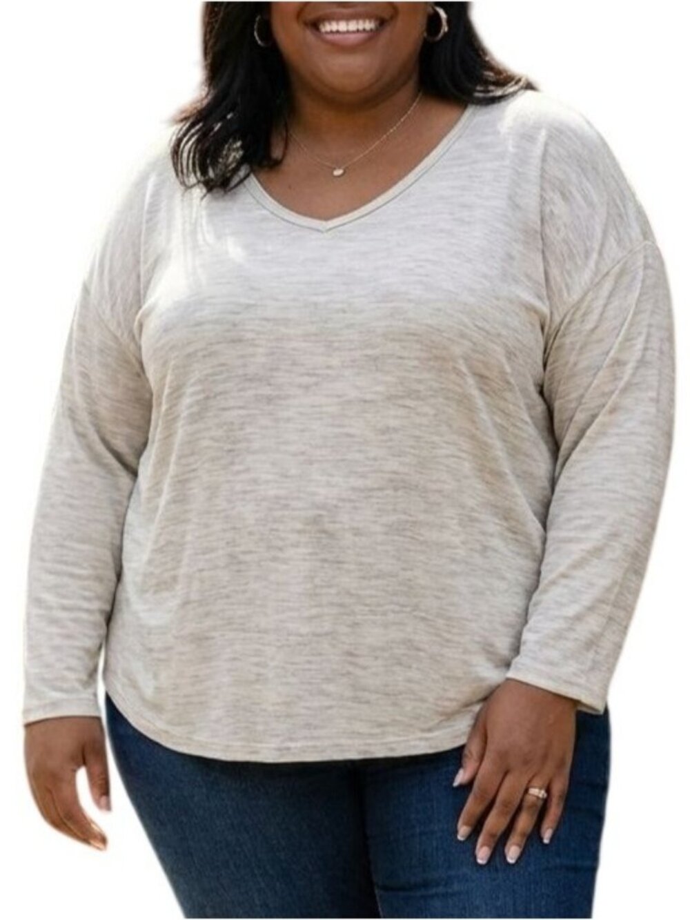 Jo & Co Size Large Top Long Sleeve V-Neck Gray Heather Lightweight Casual